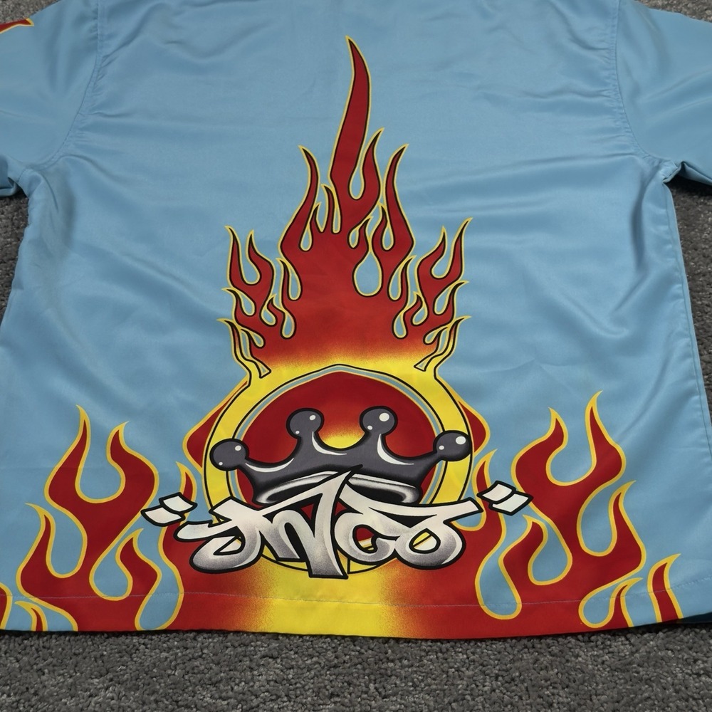JNCO Jeans Shirt Mens Large Blue Flame Graphic Button Up Short Sleeve
